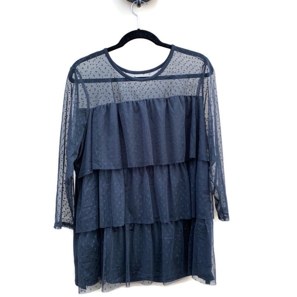 Lane Bryant Black Tiered Swiss Dot Mesh Blouse Top 18/20 NWT